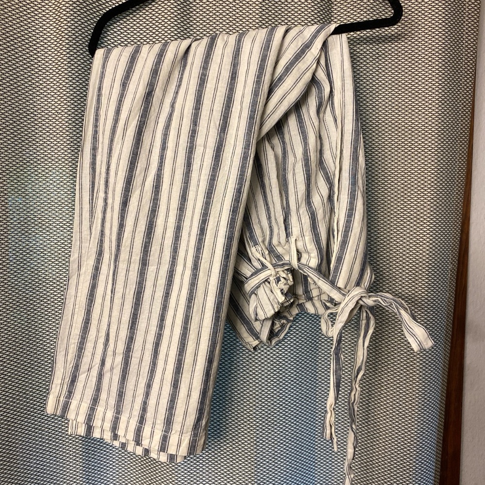 Blue Stripped Cream Linen Pants with Pockets